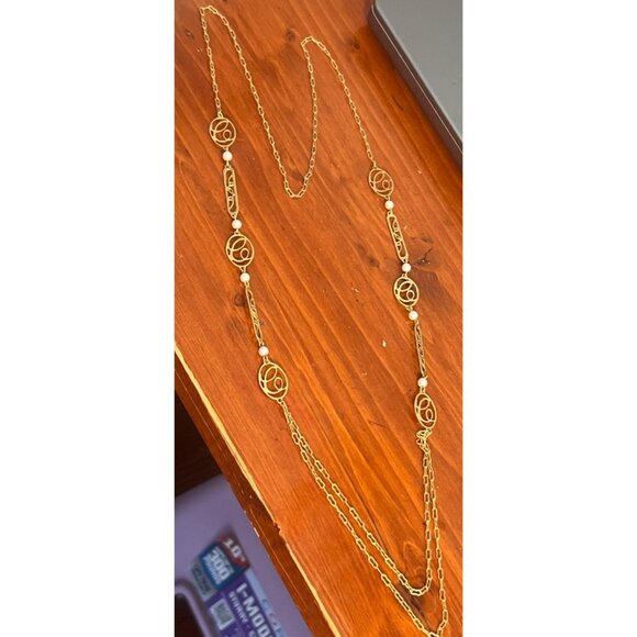 Vintage Gold Tone Avon Necklace Script Initial C Faux Pearl No Clasp Estate 31" - Picture 2 of 4